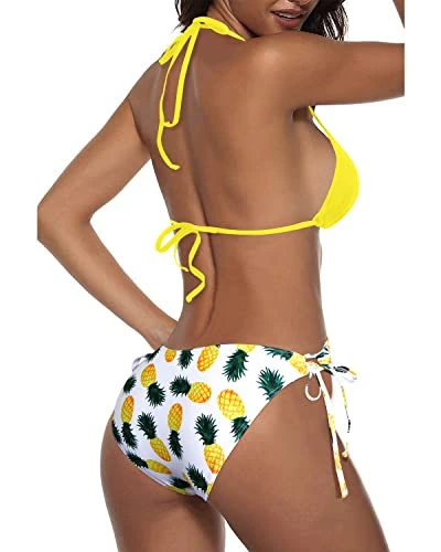 Adjustable Ties At Neck & Back Triangle Bikini For Summer Beach-Yellow Pineapple - Image 3