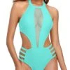 Sultry High Neck Halter Cutout One Piece Swimsuit For Women-Aqua