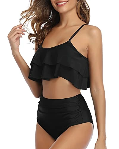 Adjustable Spaghetti Straps Bikini High Waisted Ruched Bottom-Black - Image 3