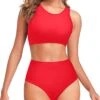 Two Piece High Waisted Bikini Set For Women-Neon Red