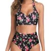 High Waist High-Cut Legs Halter Ruched High Waist Bikini-Black Floral
