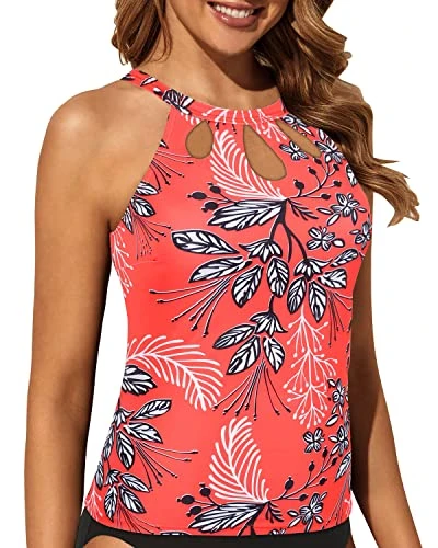 Halter Bathing Suit Tops Backless Swim Tank Top-Red Floral - Image 3