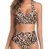 Retro Halter Ruched High Waist Bikini Sets For Women-Leopard