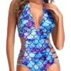 High Leg Cut Out String Swimwear Backless One Piece Swimsuits-Blue-Purple Mermaid Scales
