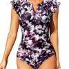 One Piece Zip Front Short Sleeve Rash Guard For Women-Purple Floral