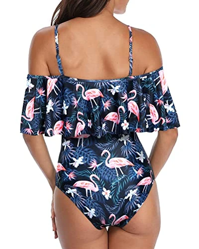 Eye-Catching Off Shoulder Ruffle One Piece Bathing Suit-Blue Flamingo - Image 2