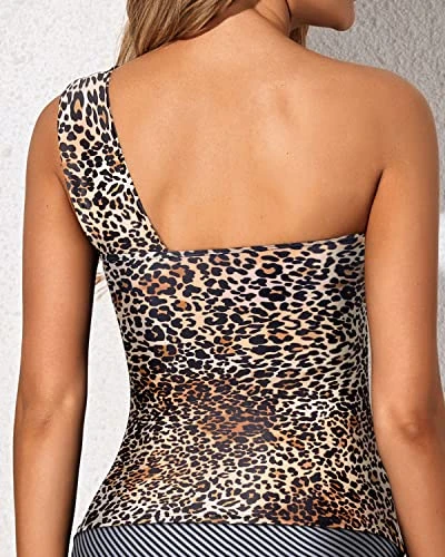 Tummy Control One Shoulder Swimsuit Top Removable Pads Tankini Top-Leopard - Image 3