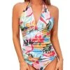 Women One Piece Swimsuits Tummy Control Halter Ruched Swimwear
