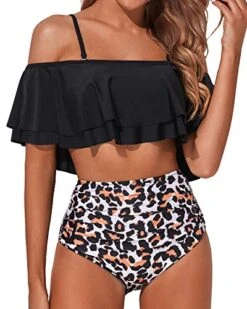 Hollow Out Off Shoulder Two Piece Bathing Suit-Black And Leopard