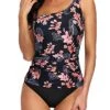 Padded Bra One Shoulder Tankini Top Bikini Bottoms-Black Pink Flower