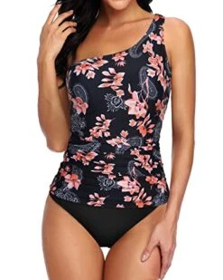 Padded Bra One Shoulder Tankini Top Bikini Bottoms-Black Pink Flower