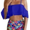 Ruffle Off Shoulder Two Piece Bikini For Women-Royal Blue Floral