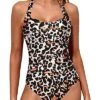 Tummy Control Swimsuits Halter Vintage Swimwear-Leopard