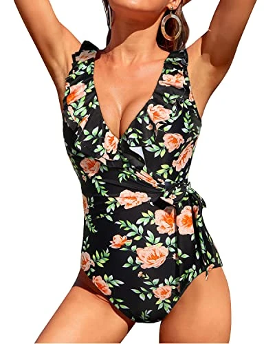 Tummy Control Tie Side Wrap Slimming Ruffle V Neck One Piece Swimsuits-Black Pink Flowers - Image 2