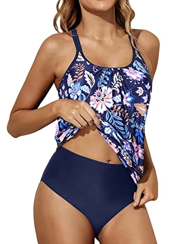 Adjustable Shoulder Straps Tankini Swimsuits-Blue Floral - Image 3
