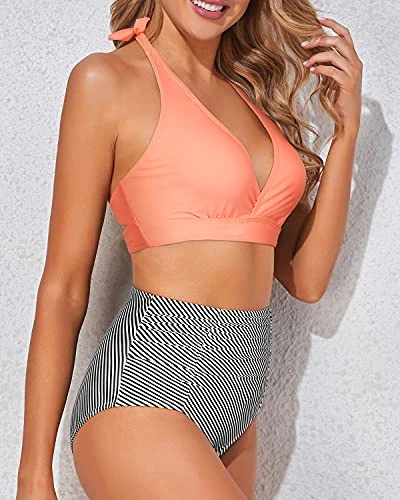 Tummy Control Two Piece High Waisted Bikini Set-Coral Pink Stripe - Image 2