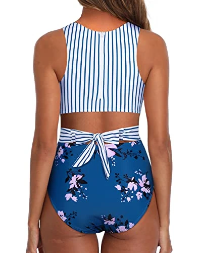 Teen Girls Tummy Control Cutout Bathing Suit-Blue Floral - Image 2