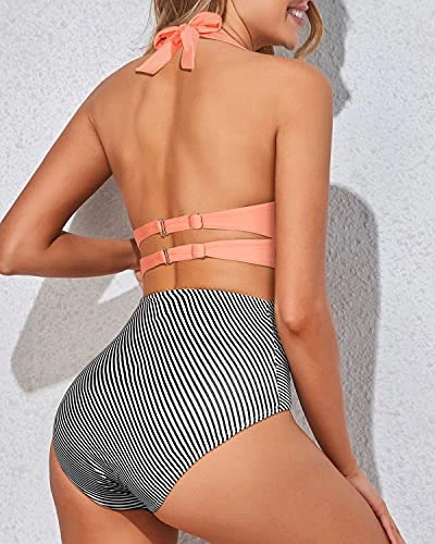 Tummy Control Two Piece High Waisted Bikini Set-Coral Pink Stripe - Image 3