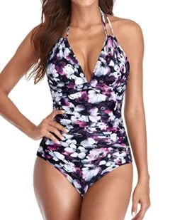 Stylish High Neck Swimsuits Black Halter Bathing Suits-Purple Floral