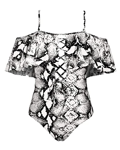 Sexy Off-Shoulder One Piece Lace Up Ruffled Bathing Suit-Black And White Snake Print - Image 3