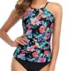Charming Adjustable Neckline Two Piece Tankini Swimsuit-Pink Flower Blue