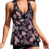 Two Piece Swimsuit Racerback Top & Padded Bras For Tummy Slimming-Black Tribal