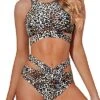 Stylish Two Piece High Neck Bandage Two Piece Bathing Suits-Leopard