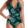 Chic Open Back Tummy Control One Piece Swimsuits-Black And Green Leaf