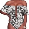 Sexy Off-Shoulder One Piece Lace Up Ruffled Bathing Suit-Black And White Snake Print