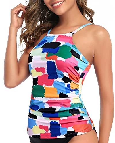 Women's High Neck Tankini Top Adjustable Straps And Padded Push-Up Bra-Aqua - Image 3