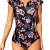 Women's Tummy Control One Piece Short Sleeve Rash Guard Swimsuit-Black Pink Flowers