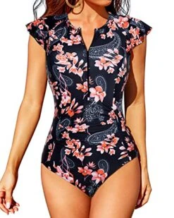 Women's Tummy Control One Piece Short Sleeve Rash Guard Swimsuit-Black Pink Flowers