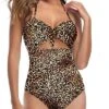 Flattering Cutout High Waisted Halter Front Tie Knot One Piece Cutout Swimsuits-Leopard