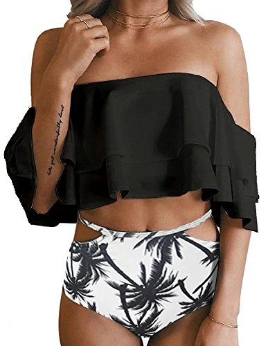 Tummy Control Bikini Set For Women Ruffle Off Shoulder Top-Black Palm Tree