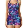 Ruched Full Coverage Swimsuits Retro One Piece Bathing Suit-Blue Leaves