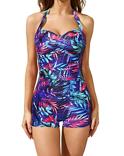 Ruched Full Coverage Swimsuits Retro One Piece Bathing Suit-Blue Leaves