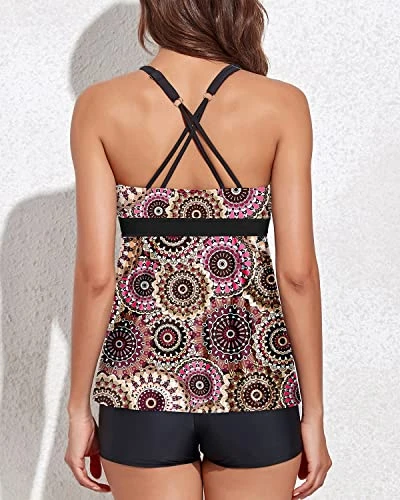 Tummy Control Tankini Swimsuits Flowy Shorts For Women-Brown Print - Image 3