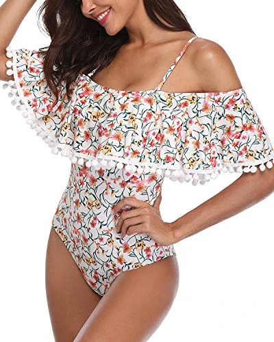Tropical Long Torso One Piece Swimsuit Off Shoulder Women's Swimwear-White Floral - Image 3