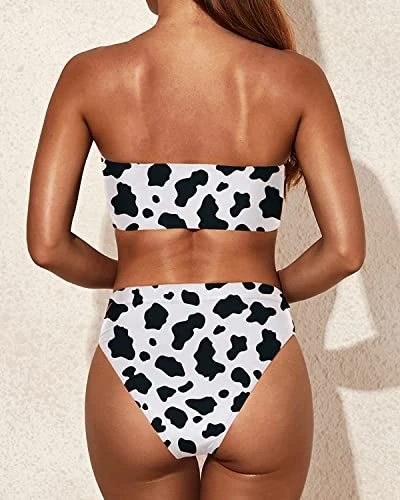 Slimming Two Piece Bikini High Cut Bottom And Strapless Top-Black And White Cow Pattern - Image 2