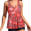 Trendy Swim Tops Shorts Boyshort For Women's Tankini Swimsuits-Red Floral