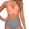 Tummy Control Two Piece High Waisted Bikini Set-Coral Pink Stripe