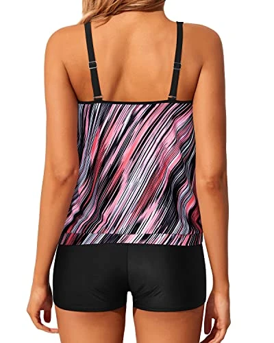 Women Adjustable Shoulder Straps Blouson Tankini Swimsuits-Pink Stripe - Image 2