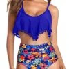 High Waisted Bikini Ruffle Swimsuit Bottoms Ruched High Rise Bottom-Royal Blue Floral