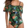 Ruffled Retro Bathing Suit Flounce Printed Swimwear Off Shoulder One Piece Swimsuit-Black Pineapple