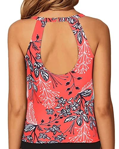 Halter Bathing Suit Tops Backless Swim Tank Top-Red Floral - Image 2