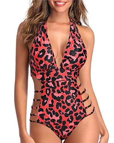 Open Back Cutout Plunge V Neck Halter Bathing Suits-Red Leopard - Image 2