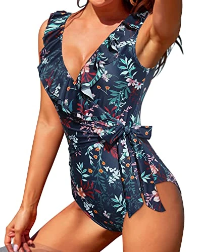 Slimming Bathing Suit Flattering Ruffle V Neck One Piece Swimsuits-Blue Flower - Image 4