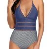 Slimming Silhouette Tie Monokini Halter One Piece Swimsuits-Blue White Stripe