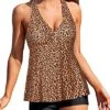 Two Piece Swimsuits For Women V-Neck And Shirred Swim Tops-Brown Lepoard