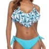 High Cut Bottom Tie Side Briefs Ruffled Bikini For Women-Light Blue Green Leaves